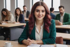 ai generato un' fiducioso giovane donna con rosso capelli nel un' aula, pronto per apprendimento e partecipazione. foto