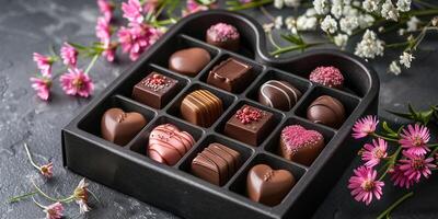 ai generato lusso scatola di fatto a mano cioccolatini con rosa. regalo concetto. foto