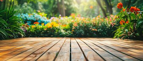 ai generato un' di legno ponte fornire un' sbalorditivo Visualizza di un' fiorente giardino pieno di vivace fiori e lussureggiante verde. foto