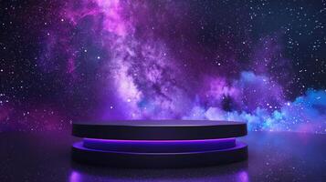 ai generato un' moderno podio per Prodotto Schermo con galassie panorama universo molti bellissimo stelle sfondo. foto