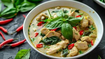 ai generato un' verde tailandese curry con fette di pollo e rosso chili foto