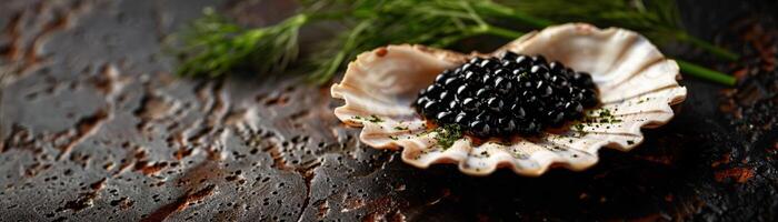 ai generato un' buongustaio presentazione di nero caviale servito nel un' pettine conchiglia con aneto su un' buio foto