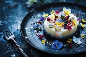 ai generato un squisito buongustaio piatto con smaltato cibo e commestibile fiori foto