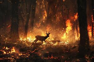ai generato un' cervo trattino attraverso un' denso foresta Engulfed nel fiamme e Fumo foto