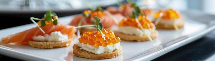 ai generato un' raffinato tartine con affumicato salmone caviale foto