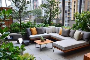 ai generato un' contemporaneo urbano balcone giardino con un' elegante all'aperto sala la zona foto