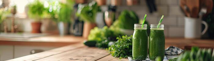 ai generato un' salutare verde frullati nel bicchiere barattoli a fianco un' varietà di verde verdure su un' cucina contatore foto