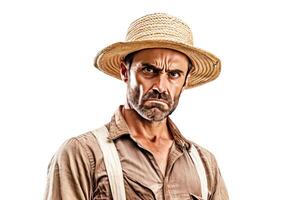 ai generato eccitato irritata arrabbiato maschio contadino nel opera Abiti, bianca sfondo isolato. foto