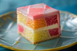 ai generato avvicinamento di un' battenberg torta con scacchi spugna e rosa marzapane su un' piatto foto