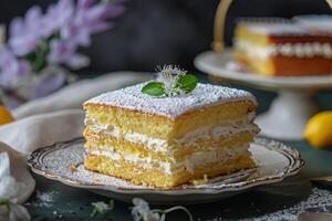 ai generato genoise torta dolce con strati di spugna e crema su elegante vasellame foto