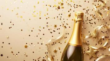 ai generato un' Champagne bottiglia elegantemente decorato con scintillante coriandoli stelle e vivace festa filanti impostato contro un' lussuoso oro sfondo foto