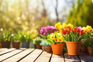 ai generato soleggiato primavera estate giardino fiore pentole giardinaggio sfondo foto