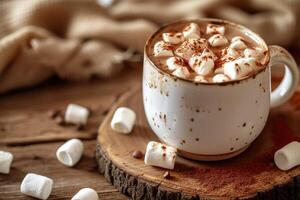 ai generato tazza di caldo cioccolato con marshmallows e cacao polvere su un' di legno tavolo foto