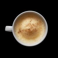 ai generato un' vaniglia cappuccino nel un' bianca boccale isolato su un' nero sfondo foto