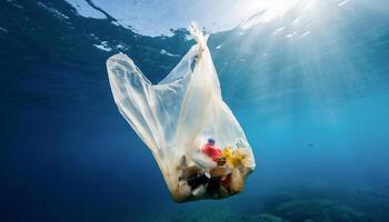 ai generato un' sporco plastica Borsa con spazzatura galleggia subacqueo nel il in profondità blu mare, illuminato di sole raggi evidenziazione ambientale questioni. foto