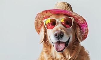 ai generato cane nel divertimento festivo cappello. animale domestico nel festa costume. compleanno ritratto di animale su pulito bianca sfondo. ai generato foto