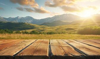 ai generato vuoto tavolo per copyspace modello su montagna paesaggio. tavola di legno tavola contatore su rustico all'aperto fondale per modello. posto per Prodotto Schermo. ai generato tavolo lato Visualizza foto