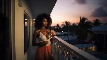 ai generato bellissimo ragazza su balcone con cocktail su sfondo di tropicale oceano ricorrere. bella donna nel estate vestito è rilassante a Hotel. sera tramonto o alba. ai generato foto