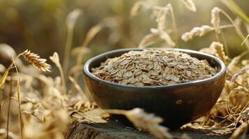 ai generato fiocchi d'avena e cereali nel rustico ciotola. retrò piatto con naturale cibo. concetto di salutare nutrizione, villaggio e naturalezza. ai generato foto