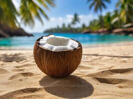 ai generato rinfrescante gusto di Noce di cocco acqua come voi crogiolarsi nel il caldo estate sole, circondato di palma alberi e sabbioso spiagge foto
