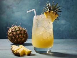 ai generato ananas succo schiacciare isolato su un' blu sfondo, estate rinfresco foto