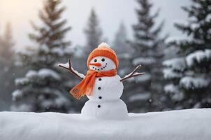 ai generato un' pupazzo di neve con un' sciarpa e arancia naso nel nevoso tempo metereologico isolato nel un' bianca sfondo con un' abete albero e copia spazio la zona foto