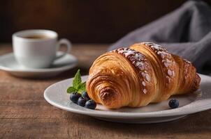 ai generato dolce brioche appena fatto servito su il tavolo per prima colazione con copia spazio la zona foto