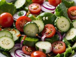 ai generato un' vivace e colorato insalata scoppiando con fresco la verdura, impostato contro un' pulito bianca sfondo. foto