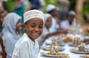 ai generato famiglia avendo pranzo insieme durante Ramadan foto