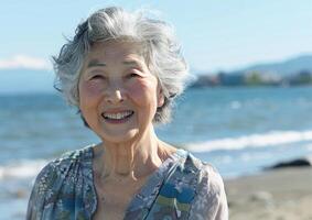 ai generato ritratto di contento anziano asiatico donna sorridente su il spiaggia a tramonto foto