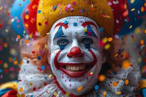 ai generato vicino su di un' persona con clown trucco generativo ai foto