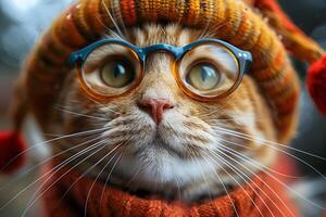ai generato gatto indossare a maglia cappello e bicchieri generativo ai foto