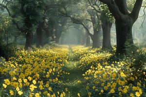 ai generato lussureggiante foresta con numerose alberi e giallo fiori generativo ai foto