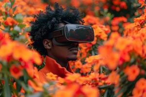 ai generato donna indossare virtuale bicchieri nel campo di fiori generativo ai foto
