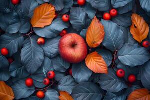 ai generato rosso Mela circondato di le foglie e frutti di bosco generativo ai foto