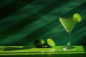 ai generato cocktail con un' fetta di lime nel un' bicchiere su un' verde sfondo con copia spazio. ai-generato contenuto. foto