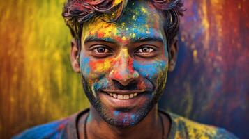 ai generato il colori di holi diffuso su il pelle foto