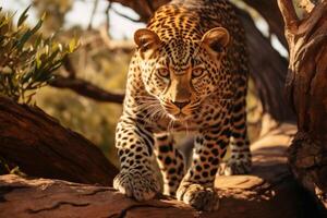 ai generato africano leopardo safari avventura. esplorando savana, arrampicata acacia alberi, natura osservazione foto