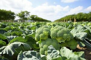 ai generato biologico broccoli raccogliere su piantagione - fresco, sano, e sostenibile verde verdura foto