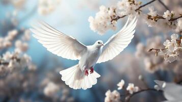ai generato sereno Immagine di un' volante bianca colomba nel un' lussureggiante fioritura giardino per un' tranquillo, calmo e bellissimo scena foto