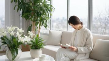 ai generato giovane asiatico donna immersa nel lettura un' travolgente libro nel un' ben illuminato e accogliente interno ambientazione foto