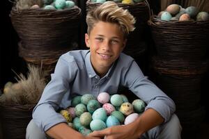 ai generato contento preteen ragazzo sorridente, Tenere Pasqua uova, guardare a il telecamera con copia spazio per testo foto