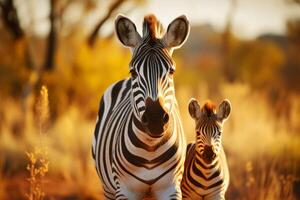 ai generato zebre famiglia roaming nel colorato safari paesaggio foto