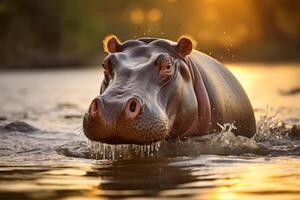 ai generato ippopotamo guadare nel fiume a tramonto su safari foto