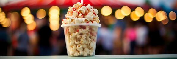 ai generato ciotola di Popcorn su sfocato sfondo con ampio copia spazio, Perfetto film notte merenda idea foto