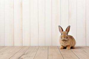 ai generato adorabile soffice coniglio seduta e guardare a il telecamera con copia spazio. Pasqua foto