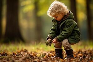 ai generato apprendimento e esplorando nuovo orizzonti concetti con affascinato giovane ragazzo immersa nel foresta foto