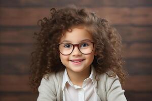 ai generato vivace contento giovane ragazza indossare elegante occhiali, sorridente brillantemente con copyspace per testo foto