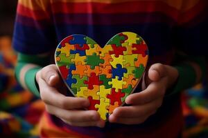 ai generato mondo autismo consapevolezza giorno concetto. Childs mani Tenere puzzle cuore con copia spazio foto