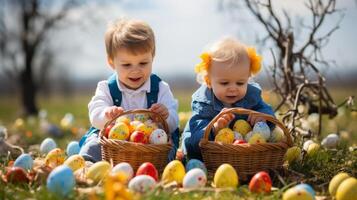 ai generato Due contento bambini godendo tradizionale Pasqua uovo caccia attività e raccolta colorato uova nel cesti foto